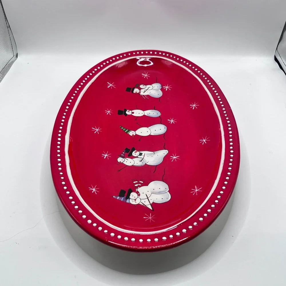 Foreside Red Snowman Ceramic Oval Serving Platter Holiday Christmas Dish 18 in